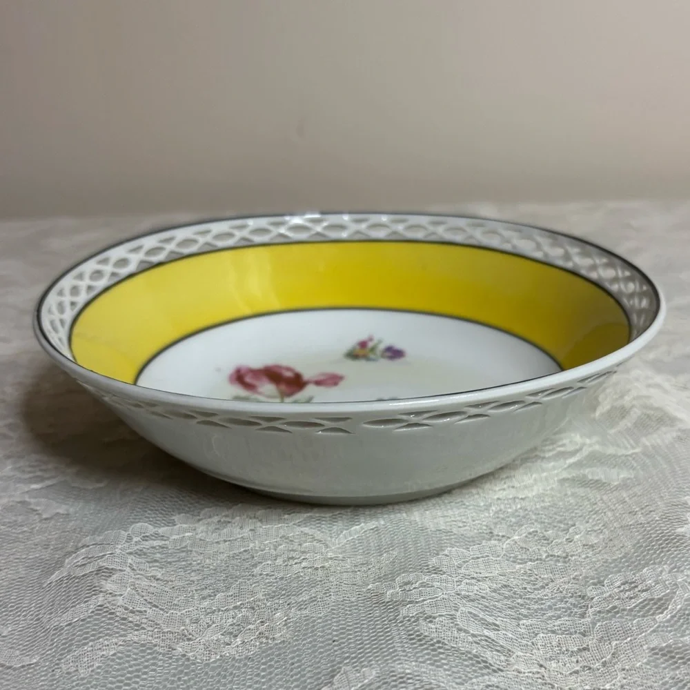 Vintage Floral Bowl Bavaria Serving Dish Cottage Rose Flower Cut Out Pink White